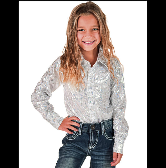 White/Silver Iridescent Stretch Youth Pullover Button Up